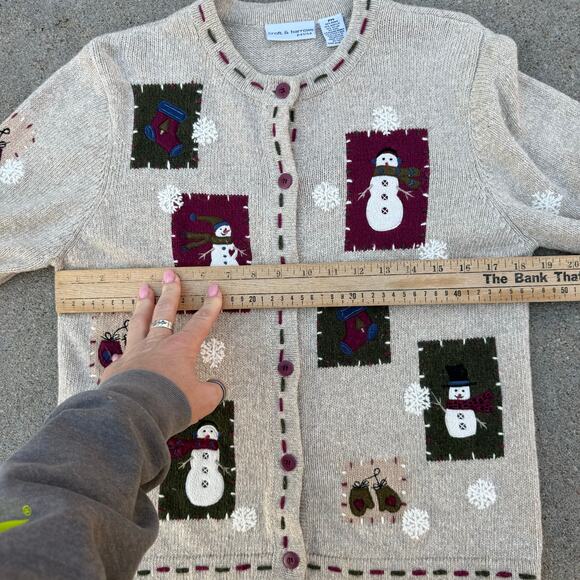 VTG Petite Rustic Cabincore Snowman Patchwork Christmas Cardigan Sweater MEDIUM - Picture 5 of 8